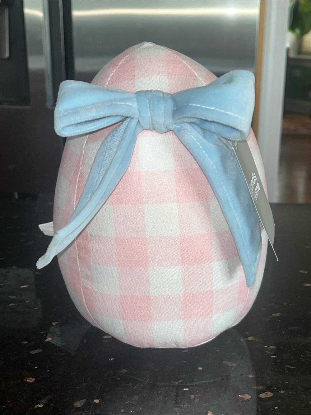 Pink Gingham Fabric Egg with Blue Velvet Bow Table Decor